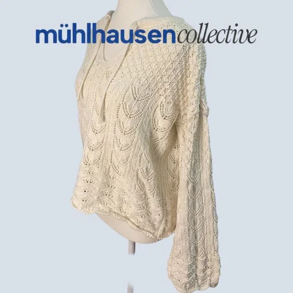 Lands’ End Cream Knit Sweater Small Boho Crochet Lightweight Cozy - Picture 4 of 7